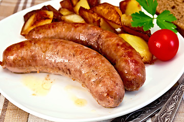 Image showing Sausages pork fried with potatoes and tomato on plate