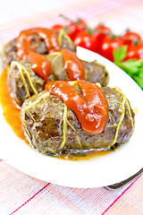 Image showing Rhubarb leaves stuffed in plate with sauce on fabric