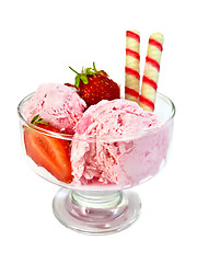 Image showing Ice cream strawberry with wafer rolls