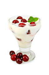 Image showing Yogurt thick with cherry in glass goblet