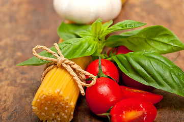 Image showing Italian spaghetti pasta tomato and basil