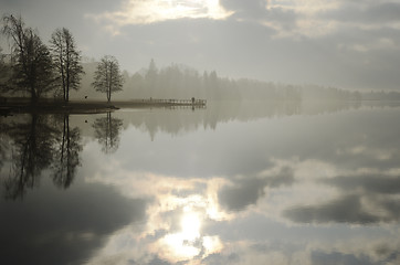 Image showing summer landscape, lake and jetty in fog