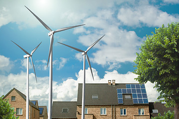 Image showing New houses with solar panels and wind generators