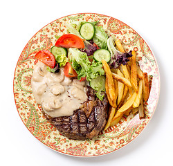 Image showing Ribeye steak dinner from above