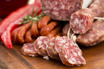 Image showing Different sausages and salami