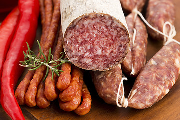 Image showing Different sausages and salami
