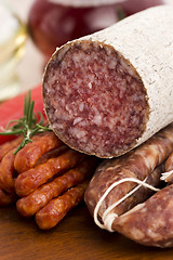 Image showing Different sausages and salami