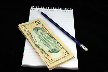 Image showing Notepad Pencil and Money