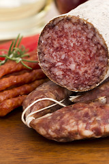 Image showing Different sausages and salami