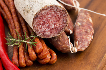 Image showing Different sausages and salami