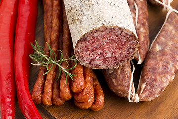 Image showing Different sausages and salami