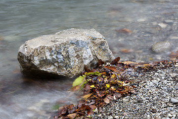 Image showing Stone in a lake in autumn with colorful leaves