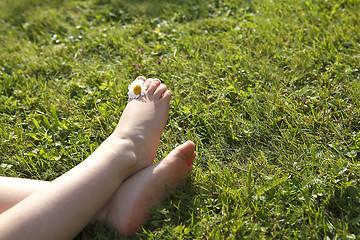 Image showing Feet of a small girl with daisy between her toes
