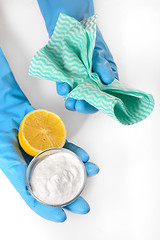 Image showing lemon, baking soda and cleaning cloths