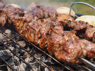 Image showing Closeup of beef meat on skewers over hot charcoal barbecue