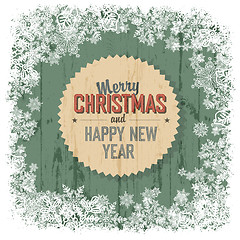 Image showing Merry Christmas greeting on green wooden background, vector.