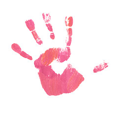 Image showing Close up of pink handprint, kid 4+ years, isolated.