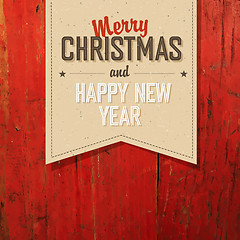 Image showing Merry Christmas VIntage Tag Design On Red Planks. Vector