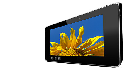 Image showing black tablet with beautiful sunflower isolated