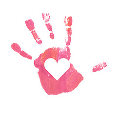 Image showing Close up of pink handprint, kid 4+ years, isolated.