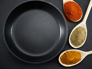 Image showing frying pan and various spices