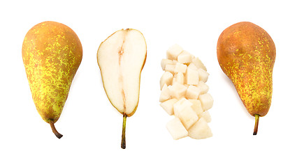 Image showing Conference pears - whole, halved and diced