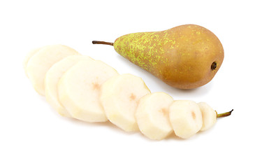 Image showing Two Conference pears - whole, peeled and sliced