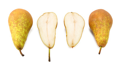 Image showing Conference pears - two whole, one cut in half