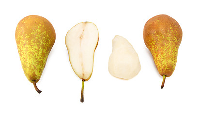 Image showing Conference pears - whole, halved and peeled