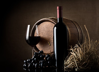 Image showing Wine with grape and barrel