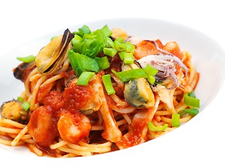 Image showing Pasta with shrimps, herbs and mashrooms