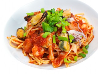 Image showing Pasta with shrimps, herbs and mashrooms