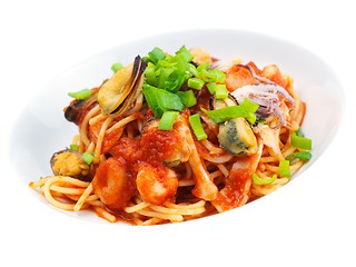 Image showing Pasta with shrimps, herbs and mashrooms