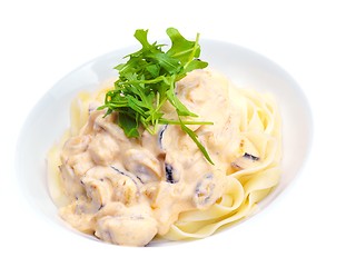 Image showing Pasta with shrimps, herbs and mashrooms