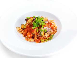 Image showing Pasta with shrimps, herbs and mashrooms