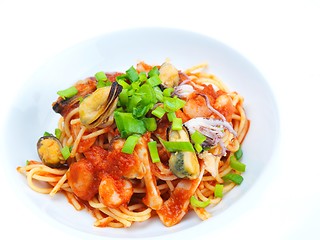 Image showing Pasta with shrimps, herbs and mashrooms