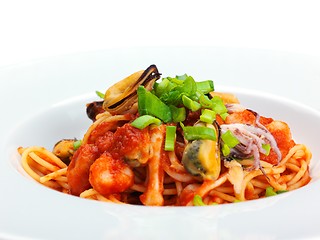 Image showing Pasta with shrimps, herbs and mashrooms