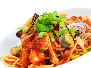 Image showing Pasta with shrimps, herbs and mashrooms