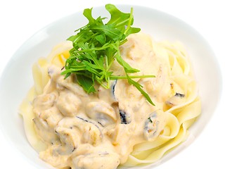 Image showing Pasta with shrimps, herbs and mashrooms