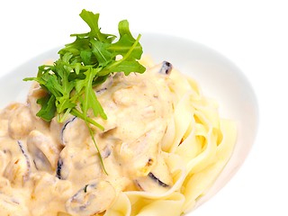 Image showing Pasta with shrimps, herbs and mashrooms