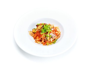 Image showing Pasta with shrimps, herbs and mashrooms