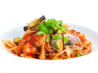 Image showing Pasta with shrimps, herbs and mashrooms