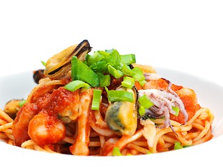 Image showing Pasta with shrimps, herbs and mashrooms