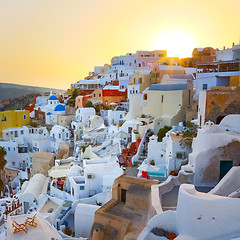 Image showing Oia village on Santorini in sunset, Greece.