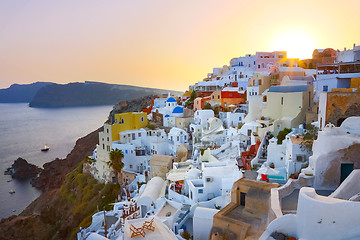 Image showing Oia village on Santorini in sunset, Greece.