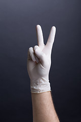 Image showing Male hand in latex glove (victory gesture, v-sign)