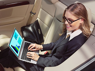 Image showing businesswoman in her car with laptop