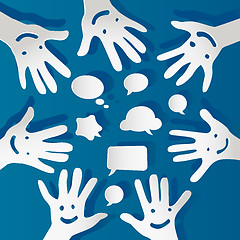 Image showing paper hands with faces and bubbles speech