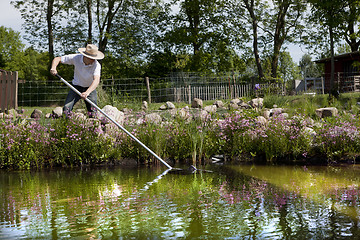 Image showing gardener with straw hat cleans pond, gaertner mit strohhut reini