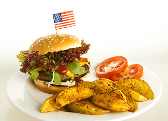 Image showing burger with potato wedges 